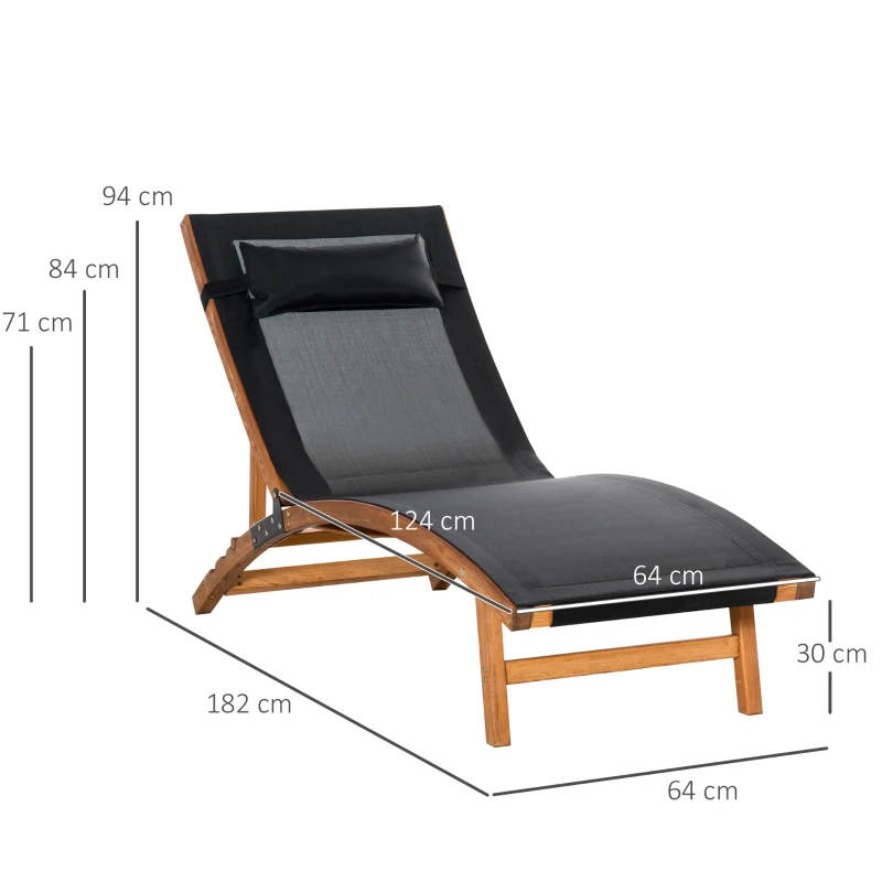 Outsunny Tumbona de Jardín Tipo Hamaca con Altura de Respaldo Ajustable Reposacabeza Extraíble y Marco de Madera Ergonómico para Terraza Playa Exterior 182x64x71 cm Negro