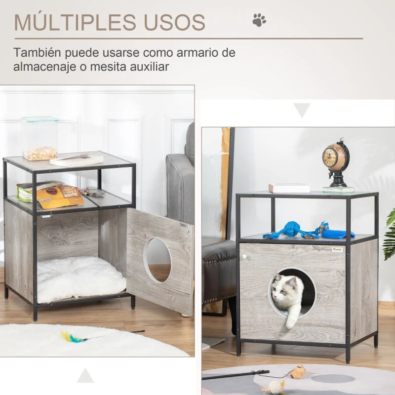 PawHut Casa para Gatos de Madera con Apariencia de Mesa Auxiliar con 2 Estantes de Almacenaje Cueva Gatos con Cojín Extraíble y Lavable 48x40x65,5 cm Roble Gris