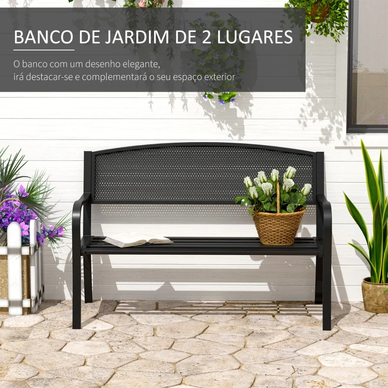 Outsunny Banco de Jardim de 2 Lugares Banco de Exterior com Encosto de Malha de Aço para Pátio Varanda 127x60x87 cm Preto