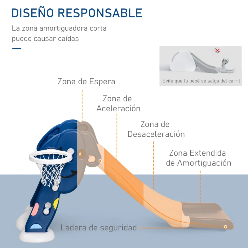 HOMCOM Tobogán Infantil con Canasta de Baloncesto para Niños de 18-48 Meses Juguete Interior y Exterior Carga 25 kg Accesorios Incluidos 68x146x68 cm Azul