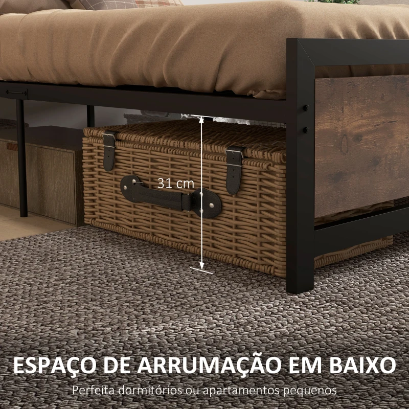 HOMCOM Estrutura de Cama Individual de Aço para Colchão 90x190 cm Carga Máxima 150 kg 97x195x103 cm Preto e Marrom Rústico