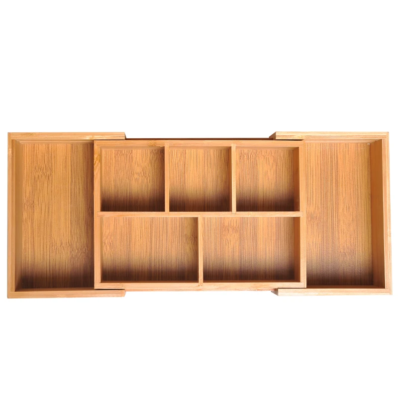 HOMCOM Organizador de Escritório de Bambu Caixa de Armazenamento Extensível com 5-7 Compartimentos  24,6-41x17,6x7 cm Madeira
