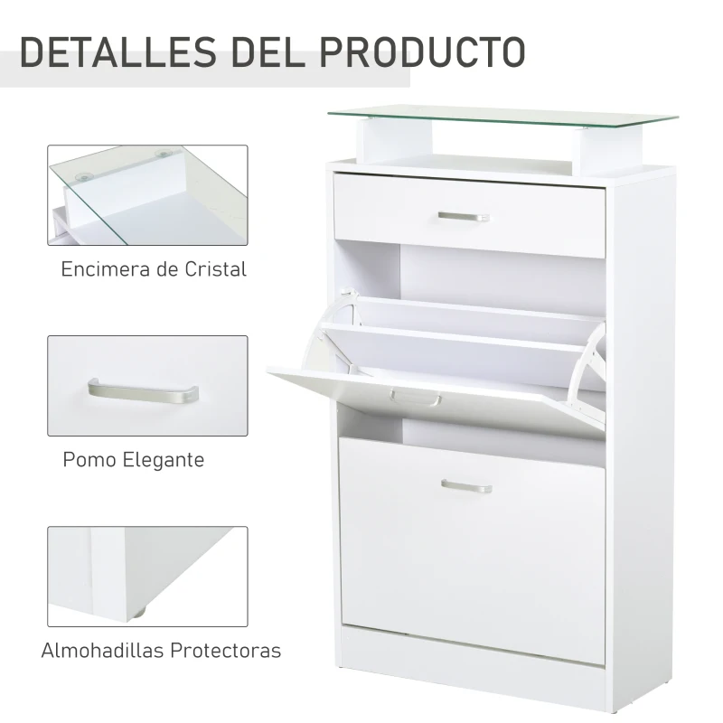 HOMCOM Organizador de Zapatos Multifuncional Zapatero con 3 Cajones Estante de Vidrio Asa de Aluminio para Pasillo Tablero de Partículas Carga 50 kg 60x24x105,5 cm Blanco
