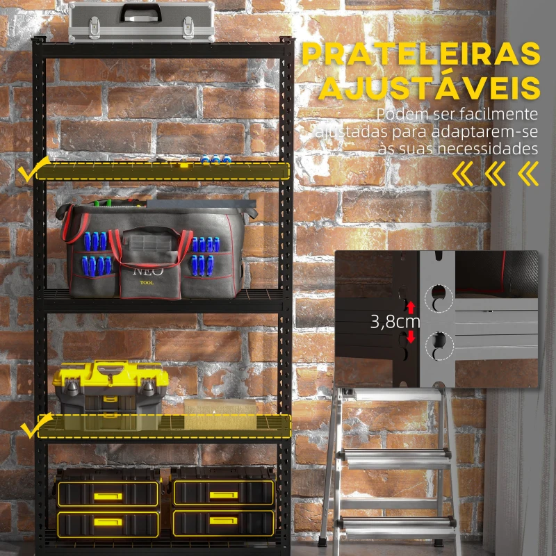 HOMCOM Estante de Metal com 5 Níveis Estante de Armazenamento Estante de Garagem de Aço com Prateleiras Ajustáveis 90x30x182 cm Preto