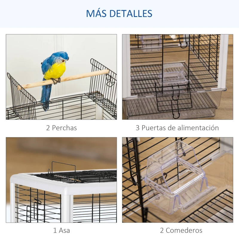 PawHut Jaula para Pájaros Pajarera con Techo Abrible 2 Comederos 2 Perchas Bandeja Extraíble Acrílica y Asa de Transporte para Canarios Periquitos 47x35x57,5 cm Blanco y Negro