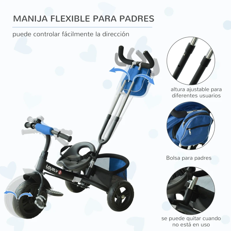 HOMCOM Triciclo para Bebés de +18 Meses con Mango de Empuje Telescópico y Desmontable Bolso y Portabotellas Azul