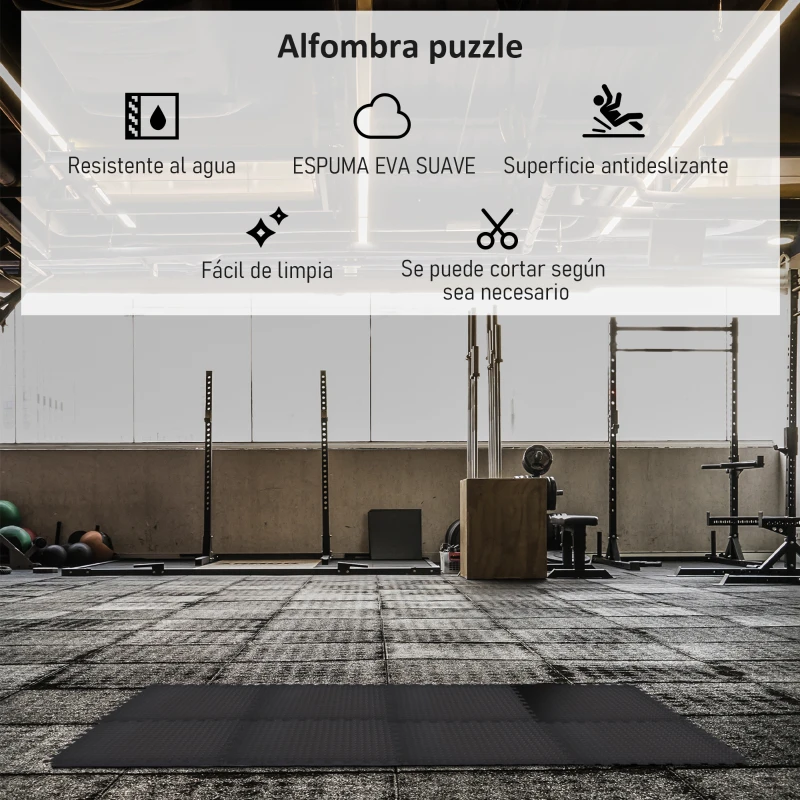 HOMCOM Esterillas Puzzle de Fitness de 6 Piezas 60x60x1,2 cm Esterilla Protectora de Suelo con Bordes de Espuma EVA de 2,16 m² para Ejercicio Gimnasio Juego Negro