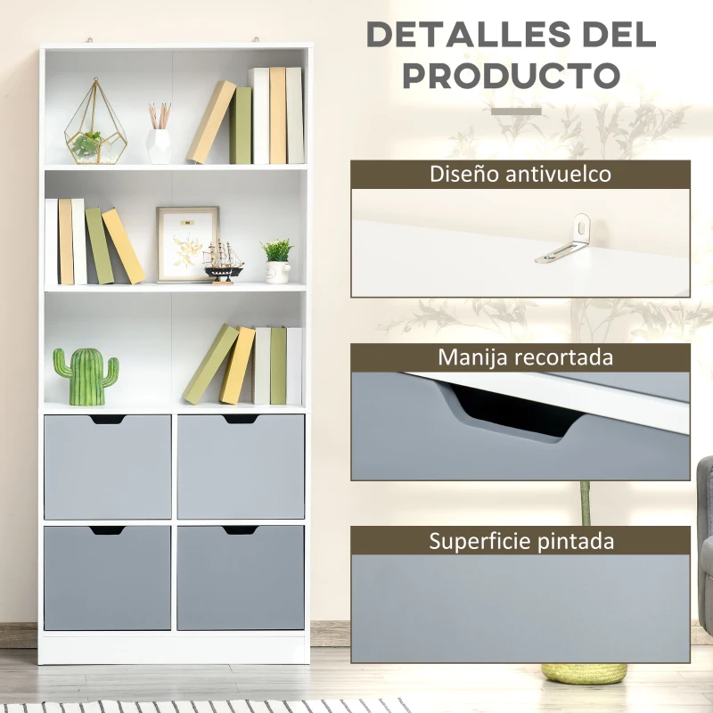HOMCOM Armario de Libros con 4 Cajones 3 Estantes de Almacenaje y Balda Ajustable Mueble Organizador para Oficina Salón Estudio 76x30x173 cm Blanco
