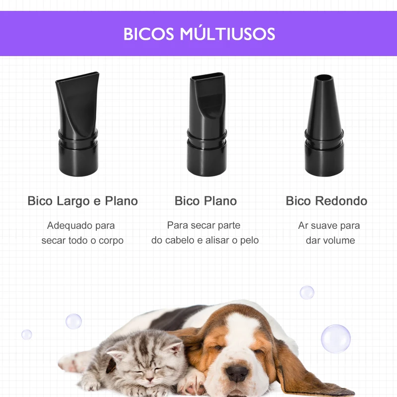 PawHut Secado de Pelo para Cães 2800W Secador de Pelo para Animais de Estimação com Temperatura e Velocidade Ajustável 3 Bicos 40x16x20cm Roxo