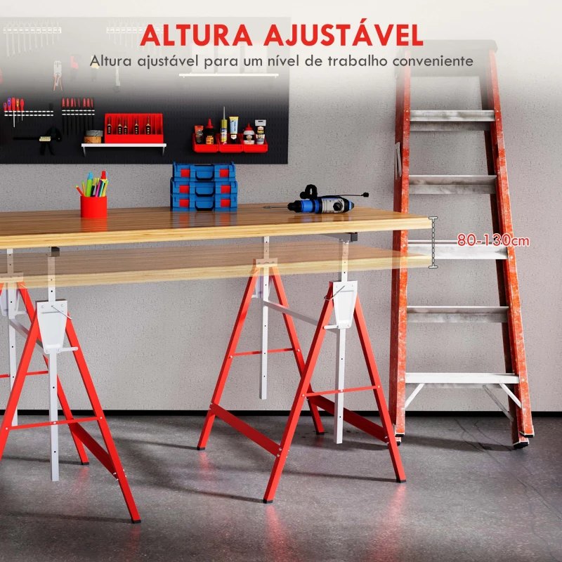 HOMCOM Conjunto de 2 Cavaletes Telescópicos Dobráveis com Altura Ajustável Cavaletes de Serra de Aço 68x58x80-130 cm Vermelho