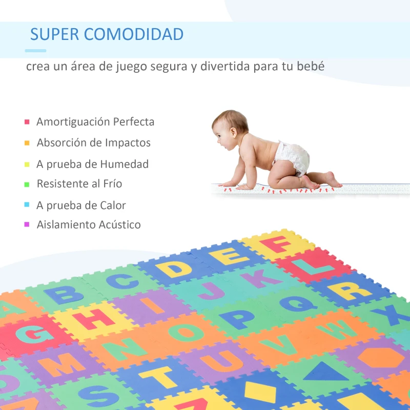HOMCOM 48 Piezas Alfombra Puzzle para Niños de 31x31x1cm con 26 Letras Números 0 al 9 y 12 Tipos de Fuguras Geométricas Colchoneta Suave 4,32 m² de Espuma EVA