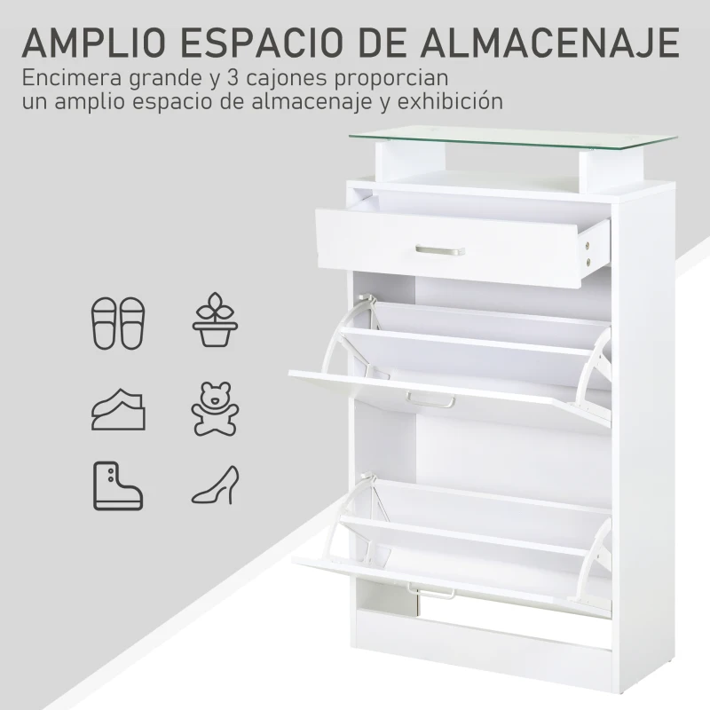 HOMCOM Organizador de Zapatos Multifuncional Zapatero con 3 Cajones Estante de Vidrio Asa de Aluminio para Pasillo Tablero de Partículas Carga 50 kg 60x24x105,5 cm Blanco