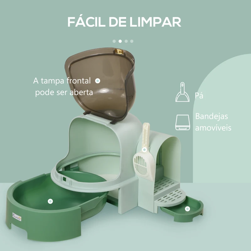 PawHut Caixa de Areia para Gatos com Cobertura Forma de Cápsula Espacial com 2 Bandejas Amovíveis e Pá 52x60x42 cm Verde