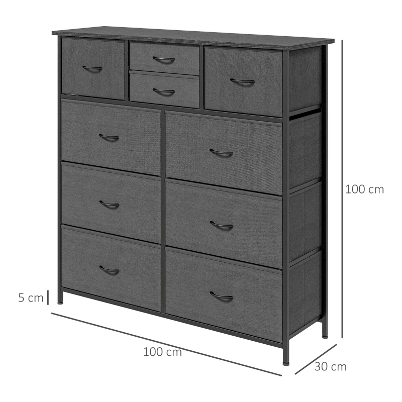 HOMCOM Cassettiera 10 Cassetti Moderna in Tessuto non Tessuto, Acciaio e MDF, 100x30x100 cm, Nera