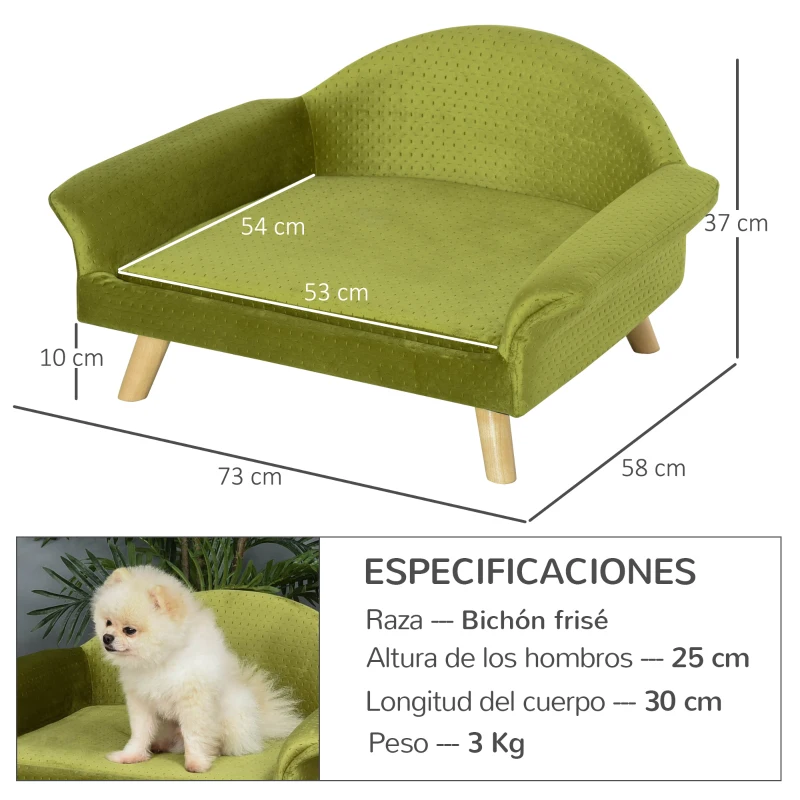 PawHut Sofá Cama para Mascotas Sofá para Perros Gatos con Cojín Acolchado Extraíble Patas de Madera 73x58x37 cm Terciopelo Latón