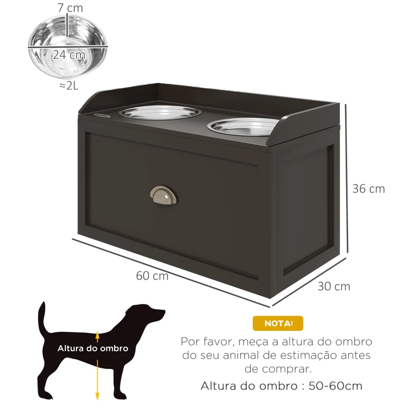 PawHut Comedouro Elevado para Cães com 2 Tigelas 2000ml de Aço Inoxidável Gaveta Oculta com Suporte de Madeira 60x30x36cm Marrom Escuro