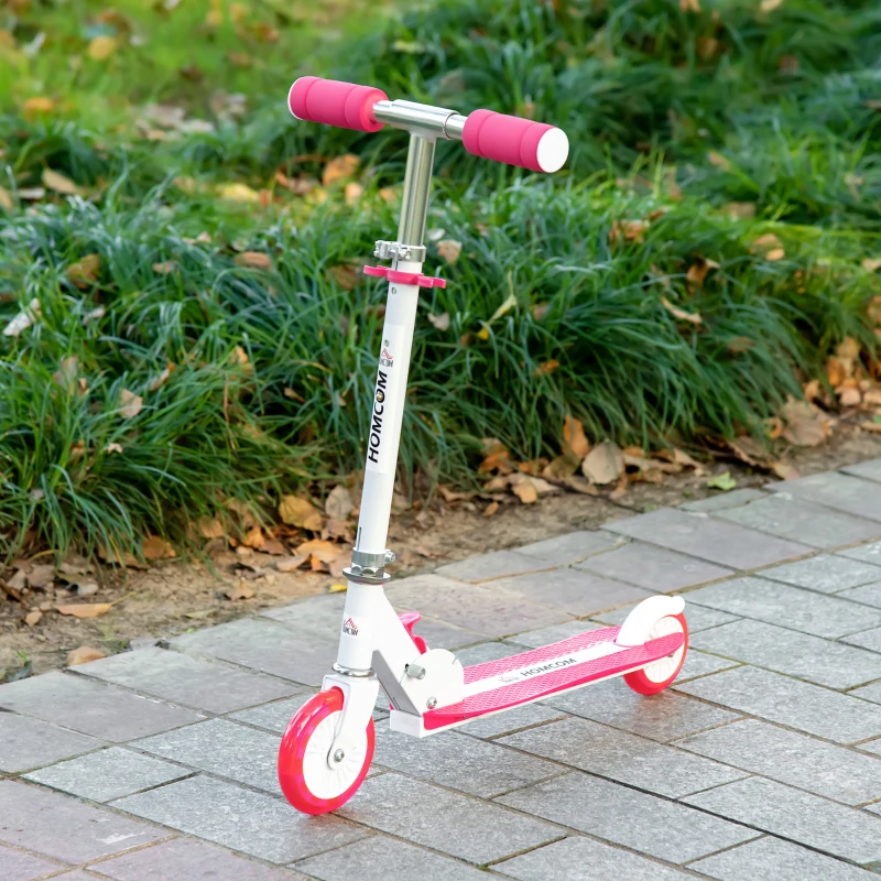 HOMCOM Patinete para Niños +3 Años Plegable Patinete Scooter con 2 Ruedas LED Manillar Altura Ajustable y Freno Posterior Carga 50 kg 61x32,3x67-77 cm Rosa y Blanco