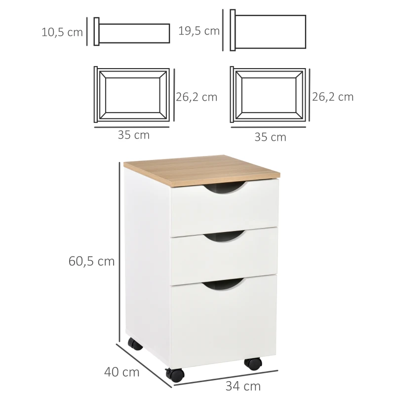 HOMCOM Armario Móvil para Oficina con 3 Cajones Ruedas Universales Freno Cajonera para Organizar Documentos 34x40x60,5 cm Blanco y Natural