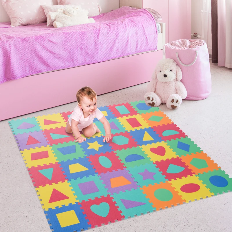 HOMCOM 36 Piezas Alfombra Puzzle Niños 31x31x1 cm con 18 Figuras Geométricas Colchoneta Suave 3,24 m² de Espuma EVA Lavable Juego Rompecabezas Bebé Multicolor
