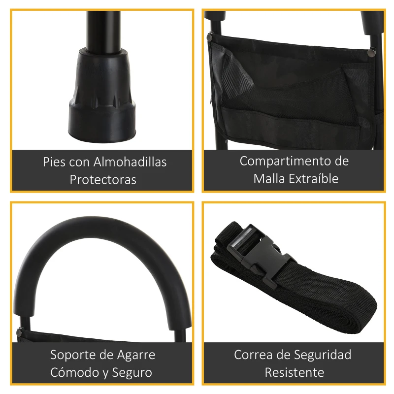 HOMCOM Barandilla Asidera de Cama para Acostarse y Levantarse con Altura Regulable Riel para Cama con Correa de Hebilla y Bolsillo 72x36x86-110,5 cm Negro