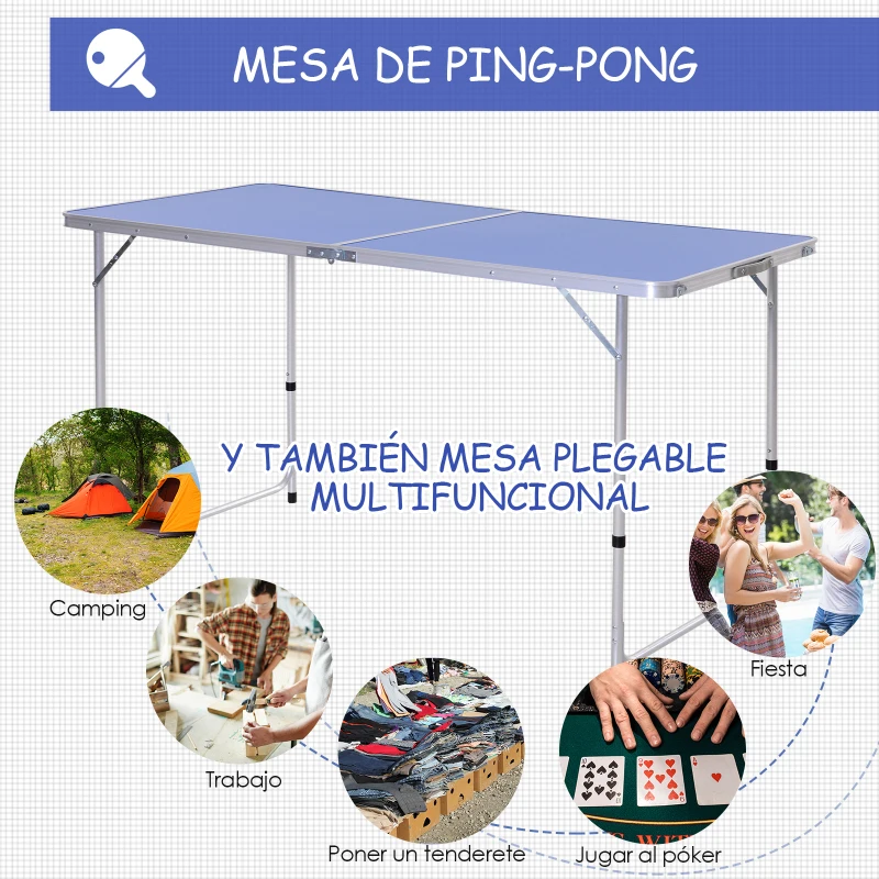 Outsunny Mesa de Ping-Pong Plegable Altura Ajustable en 3 Niveles Multifuncional Mesa de Picnic con Palas y Pelotas de Pin Pon 160x80x54/62/70cm Carga Máxima 30kg
