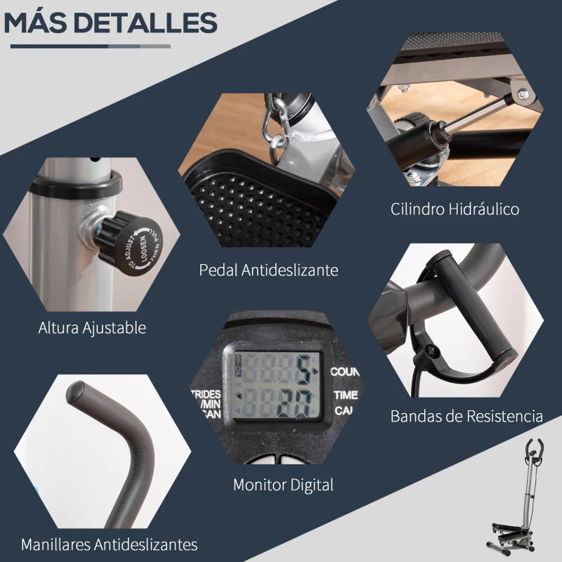 HOMCOM Máquina de Step Stepper Fitness con Manillar Altura Ajustable Pantalla LCD Cintas y Pedales Antideslizantes Equipo de Ejercicio para Gimnasio en Casa 55x53x118-128 cm Plata