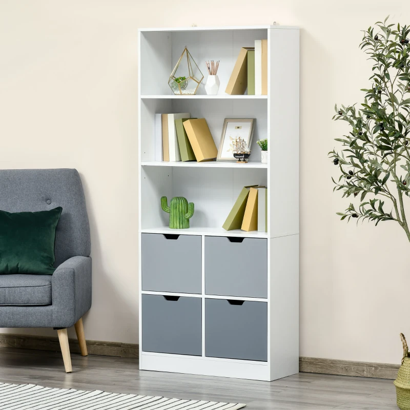 HOMCOM Armario de Libros con 4 Cajones 3 Estantes de Almacenaje y Balda Ajustable Mueble Organizador para Oficina Salón Estudio 76x30x173 cm Blanco