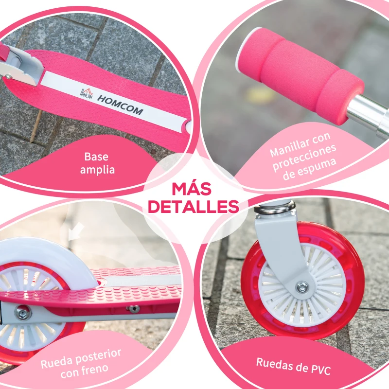 HOMCOM Patinete para Niños +3 Años Plegable Patinete Scooter con 2 Ruedas LED Manillar Altura Ajustable y Freno Posterior Carga 50 kg 61x32,3x67-77 cm Rosa y Blanco