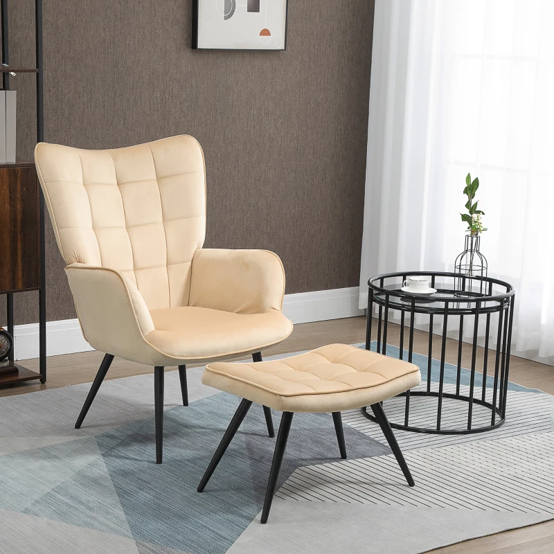 HOMCOM Sillón Individual con Reposapiés Tapizado en Terciopelo Butaca con Respaldo Alto y Reposabrazos 72x80x99 cm Beige
