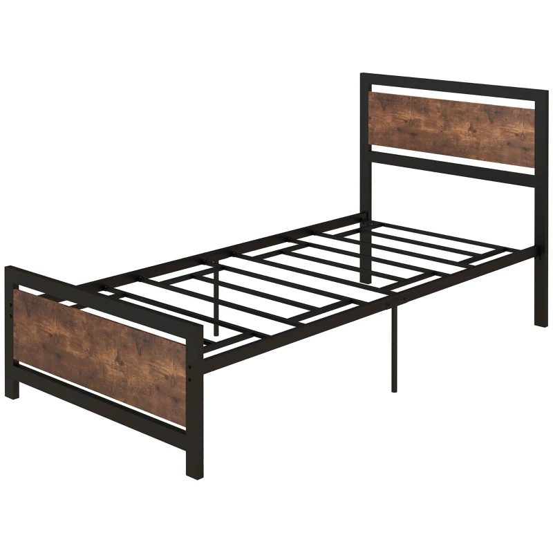 HOMCOM Estrutura de Cama Individual de Aço para Colchão 90x190 cm Carga Máxima 150 kg 97x195x103 cm Preto e Marrom Rústico
