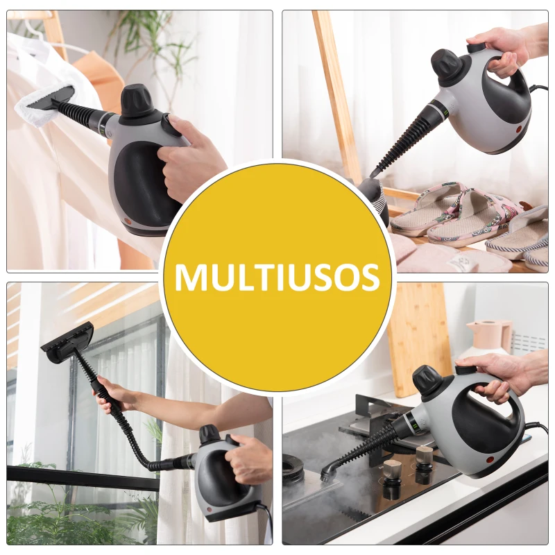 HOMCOM Limpiador a Vapor de Mano 1050W Vaporeta de Limpieza 3,2 Bares de Presión con Tanque de 350 ml y 9 Accesorios Multiuso para Sofá Asientos Coche Cocina 30x15x21 cm Negro y Gris
