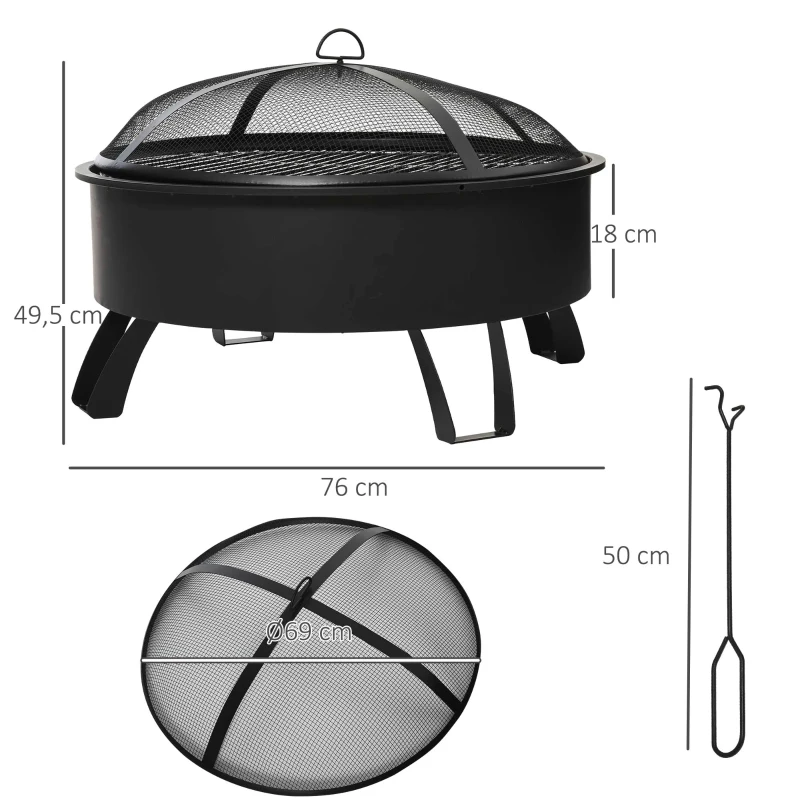 Outsunny Brasero Exterior Ø76x49,5 cm 2 EN 1 Profundidad del Cuenco 18 cm con Rejilla de Cocina Parrilla para Barbacoa Calefacción Tapa de Malla Atizador de Fuego para Patio Jardín Negro