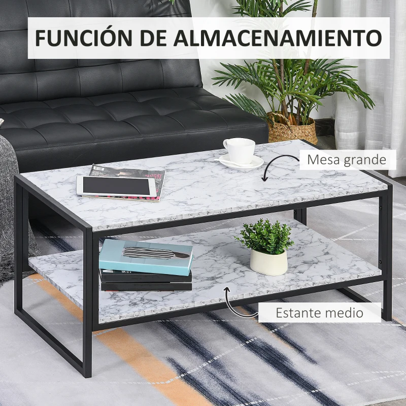 HOMCOM Mesa de Centro Moderno Mesa Baja de Salón con Encimera de Imitación Mármol con Estructura de Metal 106x50x45 cm Blanco