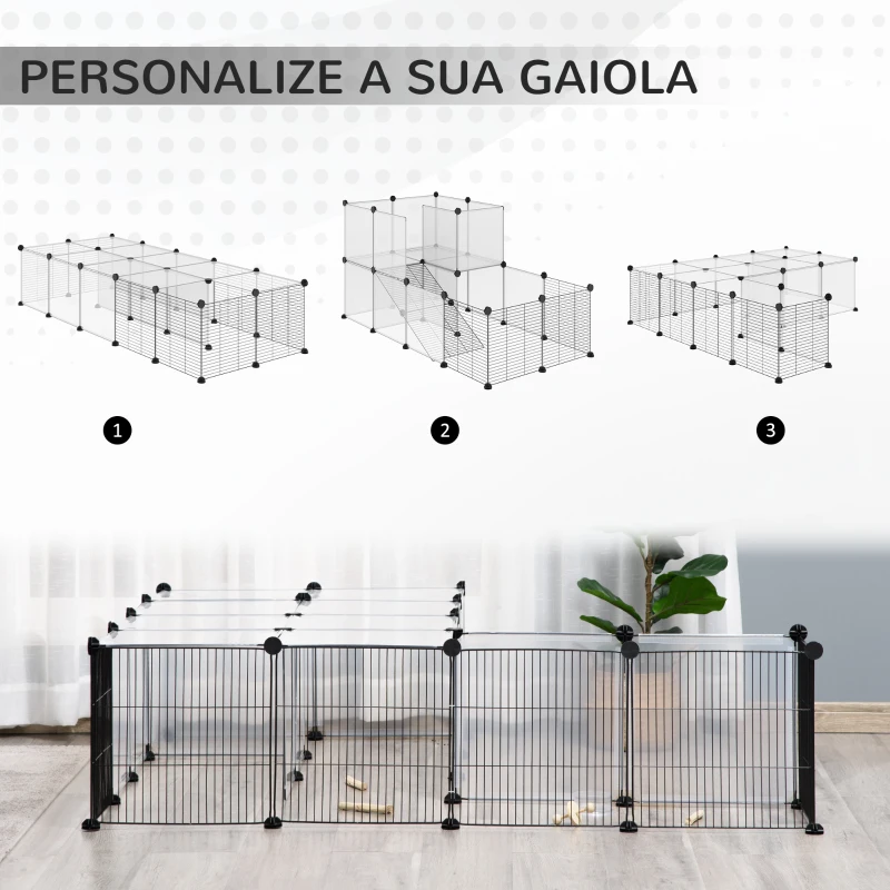 PawHut Recinto para Animais Pequenos com 27 Painéis e Forma Personalizável 140x70x70 cm Transparente e Preto