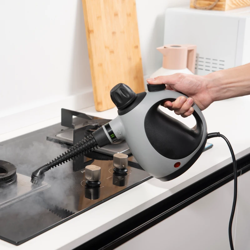 HOMCOM Limpiador a Vapor de Mano 1050W Vaporeta de Limpieza 3,2 Bares de Presión con Tanque de 350 ml y 9 Accesorios Multiuso para Sofá Asientos Coche Cocina 30x15x21 cm Negro y Gris