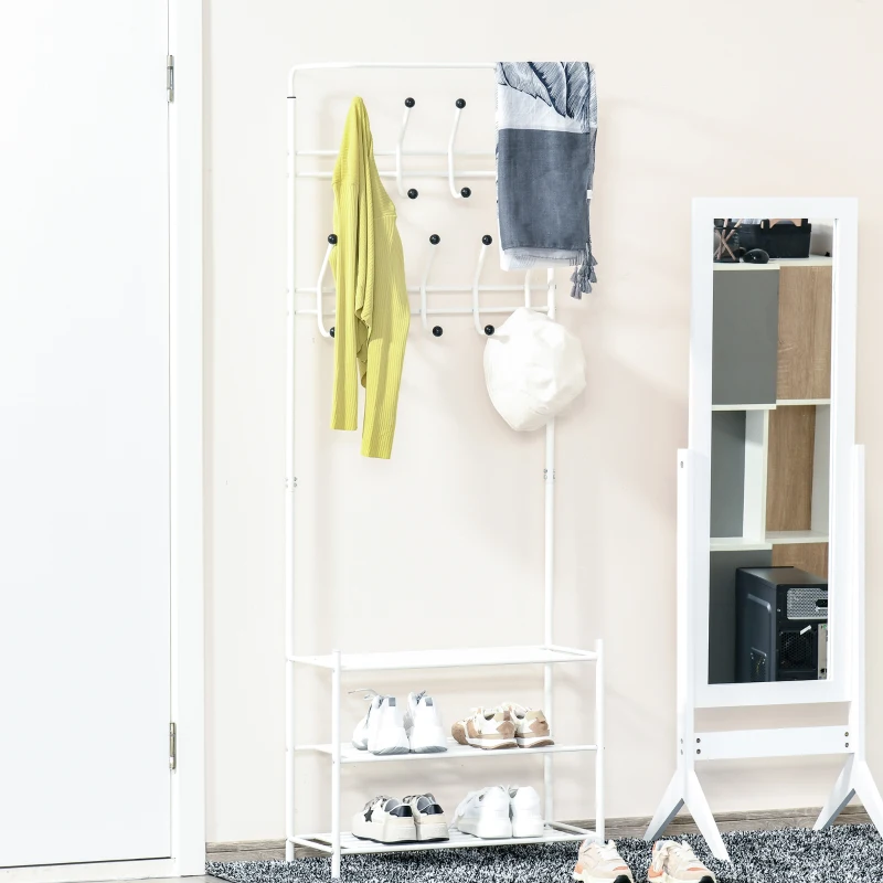 HOMCOM Perchero con Zapatero Perchero Entrada Recibidor con 18 Ganchos 3 Estantes para Zapatos para Pasillo 67x30x185 cm Blanco