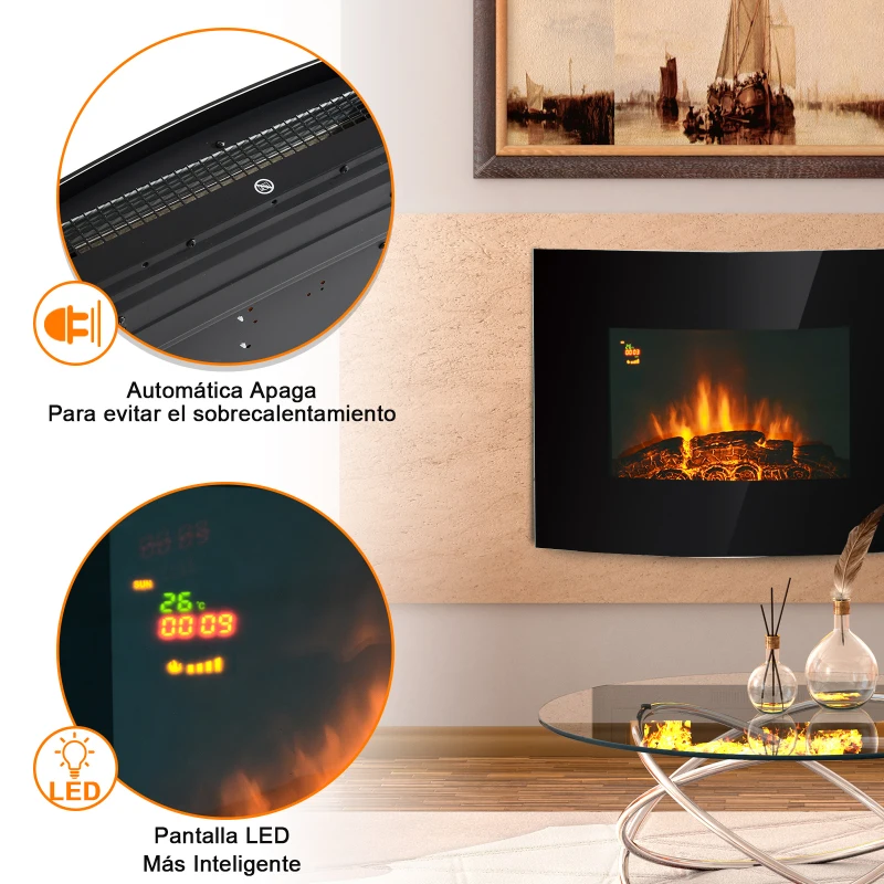 HOMCOM Chimenea Eléctrica tipo Estufa de Pared con Efecto Leña Ardiendo y Mando a distancia 900W/1800W 65x11,4x52cm