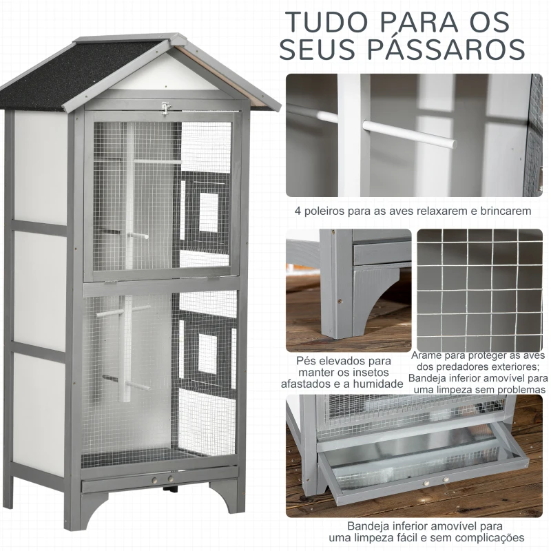 PawHut Gaiola para Pássaros de Madeira com 3 Portas 4 Poleiros Bandeja Amovível e Teto Asfáltico 80,5x57x153 cm Cinza Claro