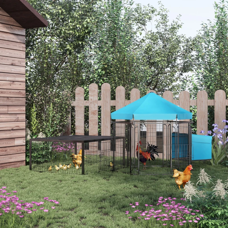 PawHut Gallinero para Exterior para 6-10 Gallinas de Acero Jaula con Toldo Corral de Alambre Independiente Nido con Techo Abatible y Puertas 201,5x156x120 cm Negro y Azul