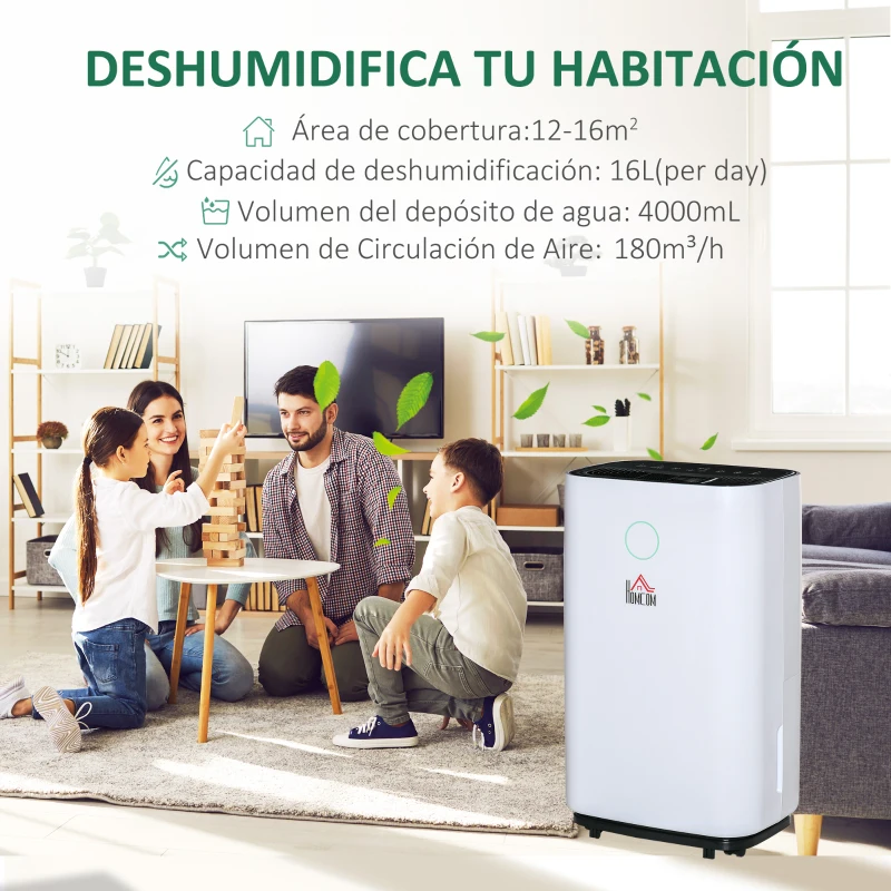 HOMCOM Deshumidificador Eléctrico 4000 ml 16L/Día Deshumidificador Silencioso con 3 Modos 2 Velocidades Pantalla LED Luces Indicadoras Temporizador y Ruedas para Hogar 33,5x23x57 cm Blanco