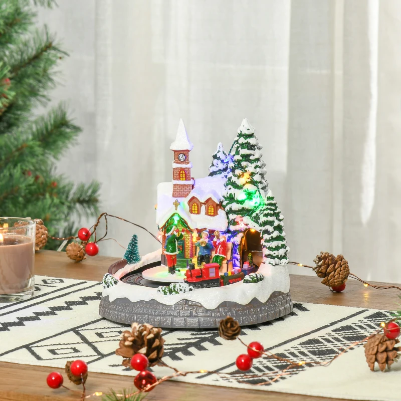 HOMCOM Pueblo Navideño Escena Navideña Iluminado con Luces LED Árbol de Navidad Música y Tren Móvil Decoración Navideña sobre Mesa 19,3x17,9x20,2 cm Multicolor