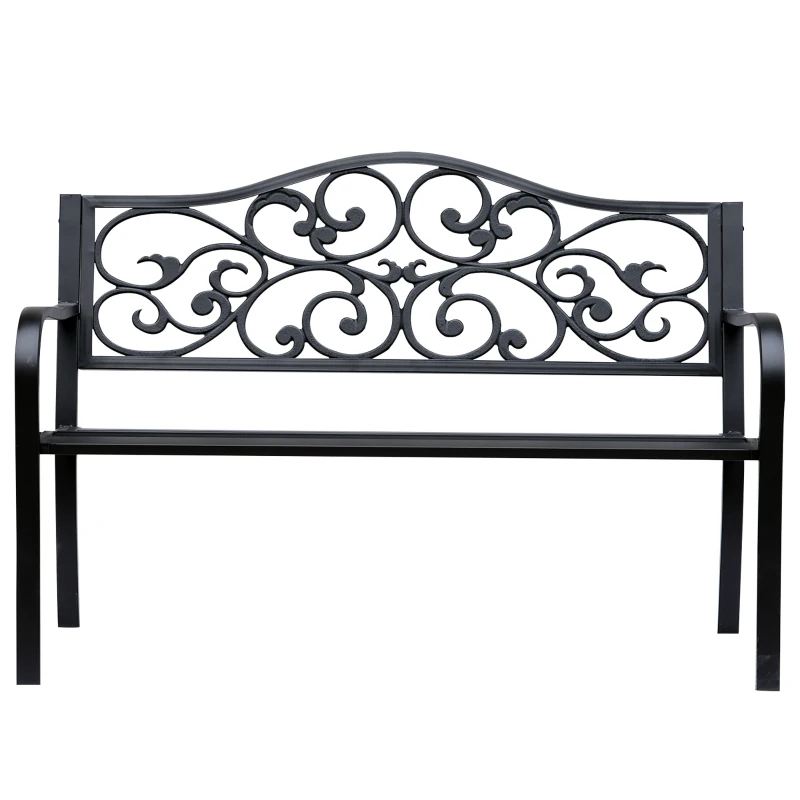 Outsunny Banco de Jardim de Aço Banco de Exterior com Encosto e Apoio para os Braços para Pátio Varanda 127x60x89 cm Preto