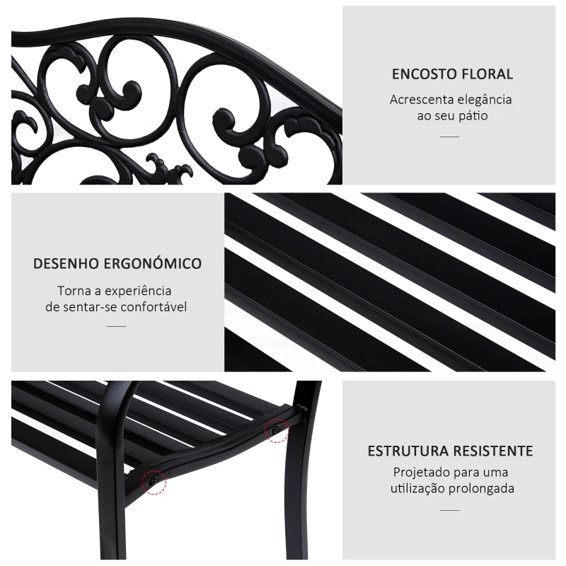 Outsunny Banco de Jardim de Aço Banco de Exterior com Encosto e Apoio para os Braços para Pátio Varanda 127x60x89 cm Preto