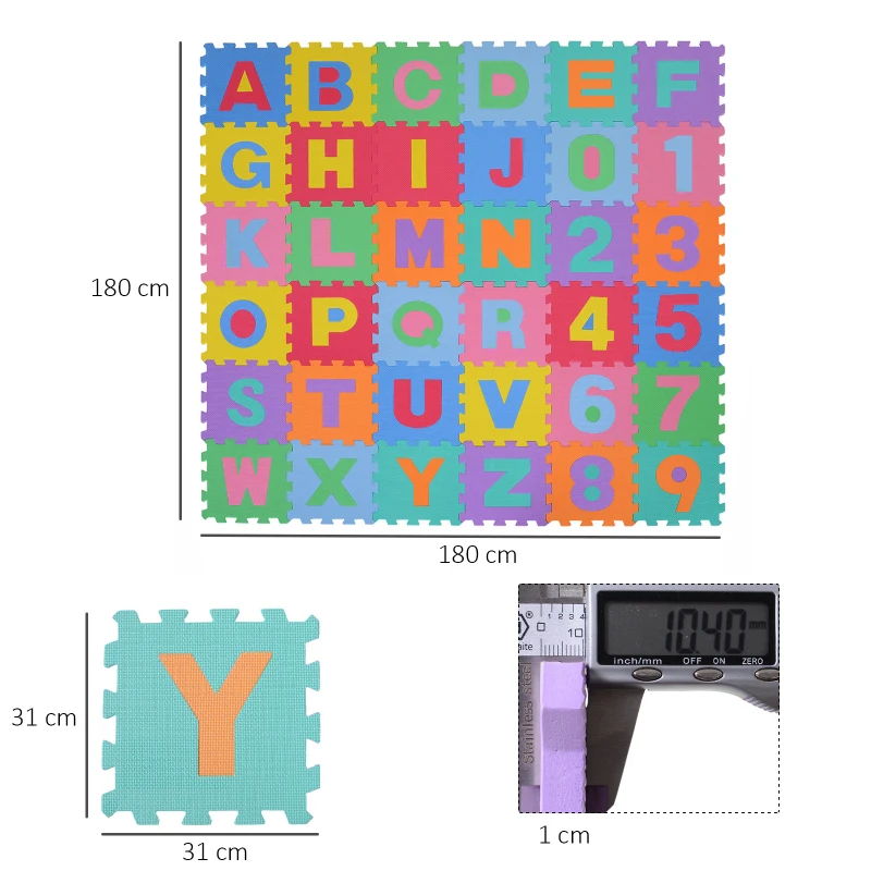 HOMCOM Alfombra puzzle Infantil 36 piezas de 31x31cm Números del 0 al 9 y 26 Letras Alfabeto Goma Espuma Alfombrilla de Juego para Bebés y Niños de 3,24㎡