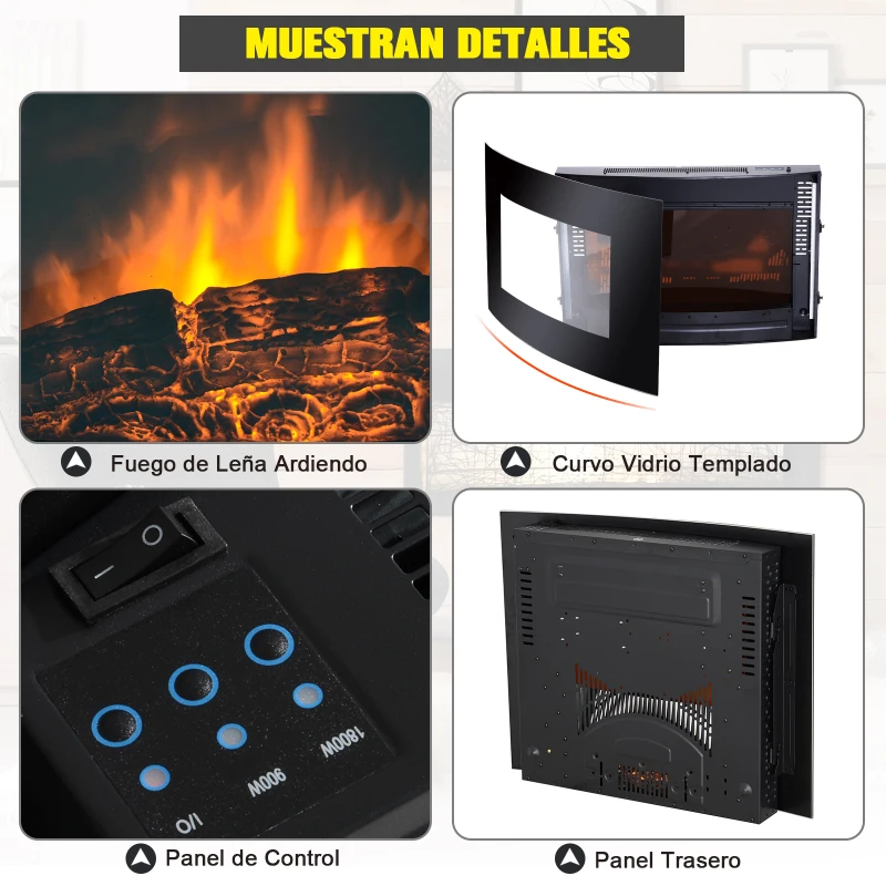 HOMCOM Chimenea Eléctrica tipo Estufa de Pared con Efecto Leña Ardiendo y Mando a distancia 900W/1800W 65x11,4x52cm