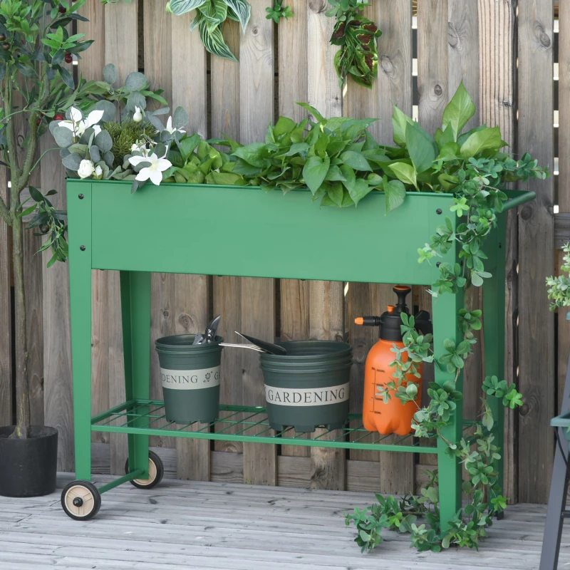 Outsunny Huerto Urbano Jardinera Elevada de Metal Cama de Jardín con Ruedas Asa Lateral y Estante Inferior para Cultivo Plantas Hortalizas Flores 104x39x80 cm Verde