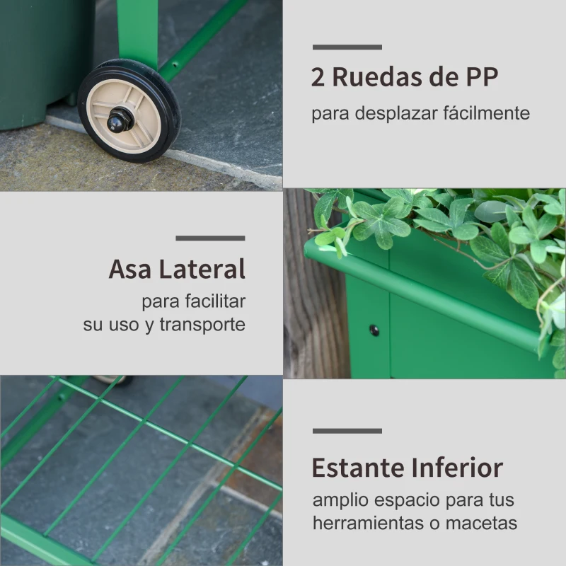 Outsunny Huerto Urbano Jardinera Elevada de Metal Cama de Jardín con Ruedas Asa Lateral y Estante Inferior para Cultivo Plantas Hortalizas Flores 104x39x80 cm Verde