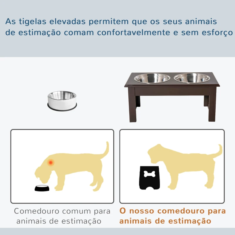 PawHut Comedouro Elevado para Cães com Suporte e 2 Tigelas Amovíveis de Aço Inoxidável 44x24x15 cm Marrom