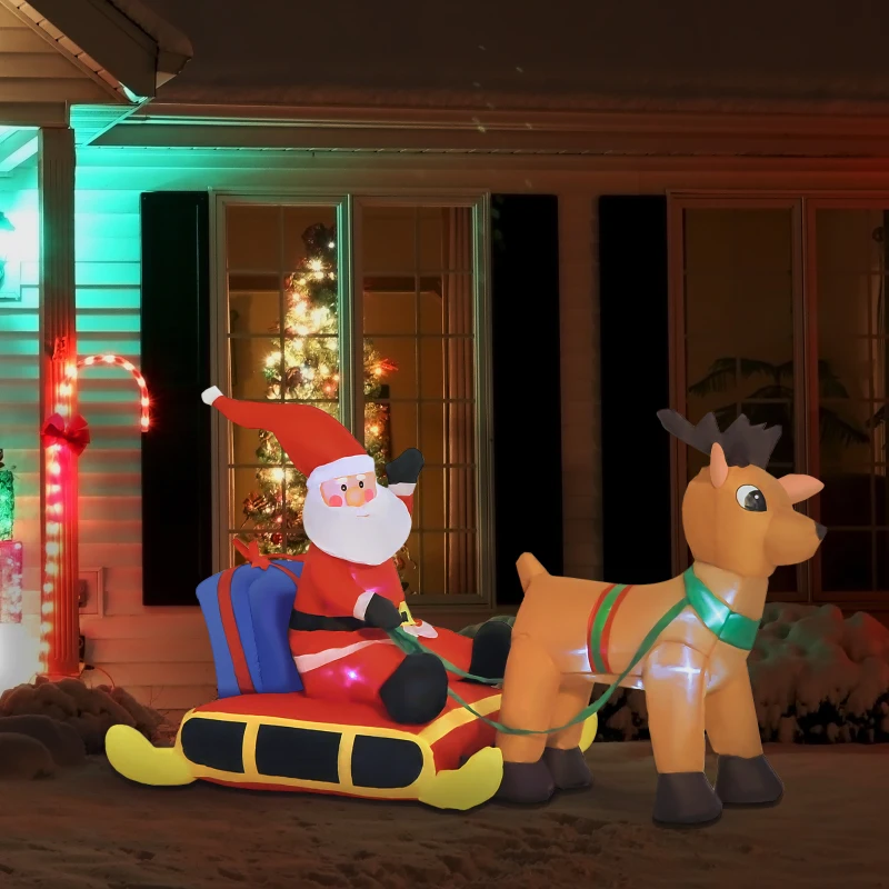 HOMCOM Decoración Navideña Inflable Papá Noel con Reno 8 Luces LED Iluminación Navideña Interior y Exterior 190x72x122cm