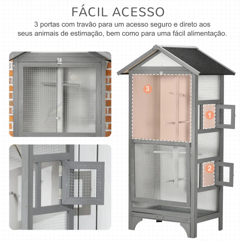 PawHut Gaiola para Pássaros de Madeira com 3 Portas 4 Poleiros Bandeja Amovível e Teto Asfáltico 80,5x57x153 cm Cinza Claro